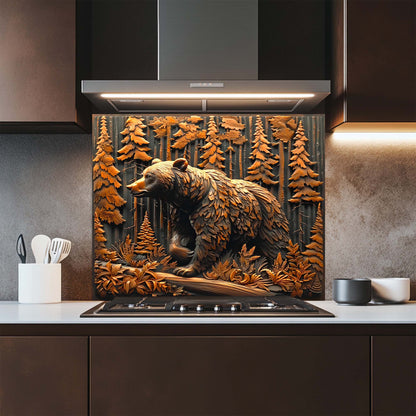 Kitchen with a decorative glass splashback featuring a bear and forest design.