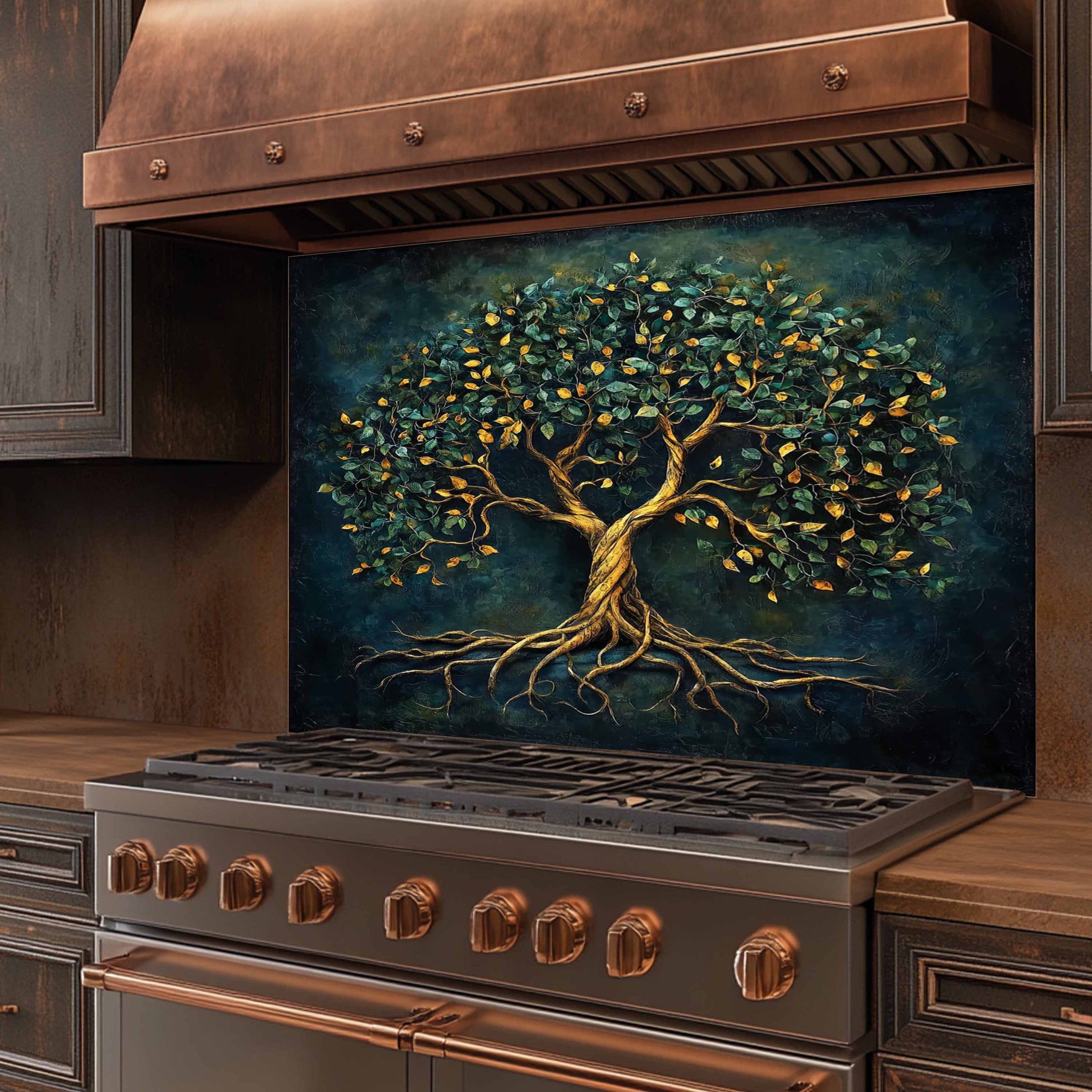 Stainless steel stove with copper accents and a decorative tree glass backsplash on the wall.