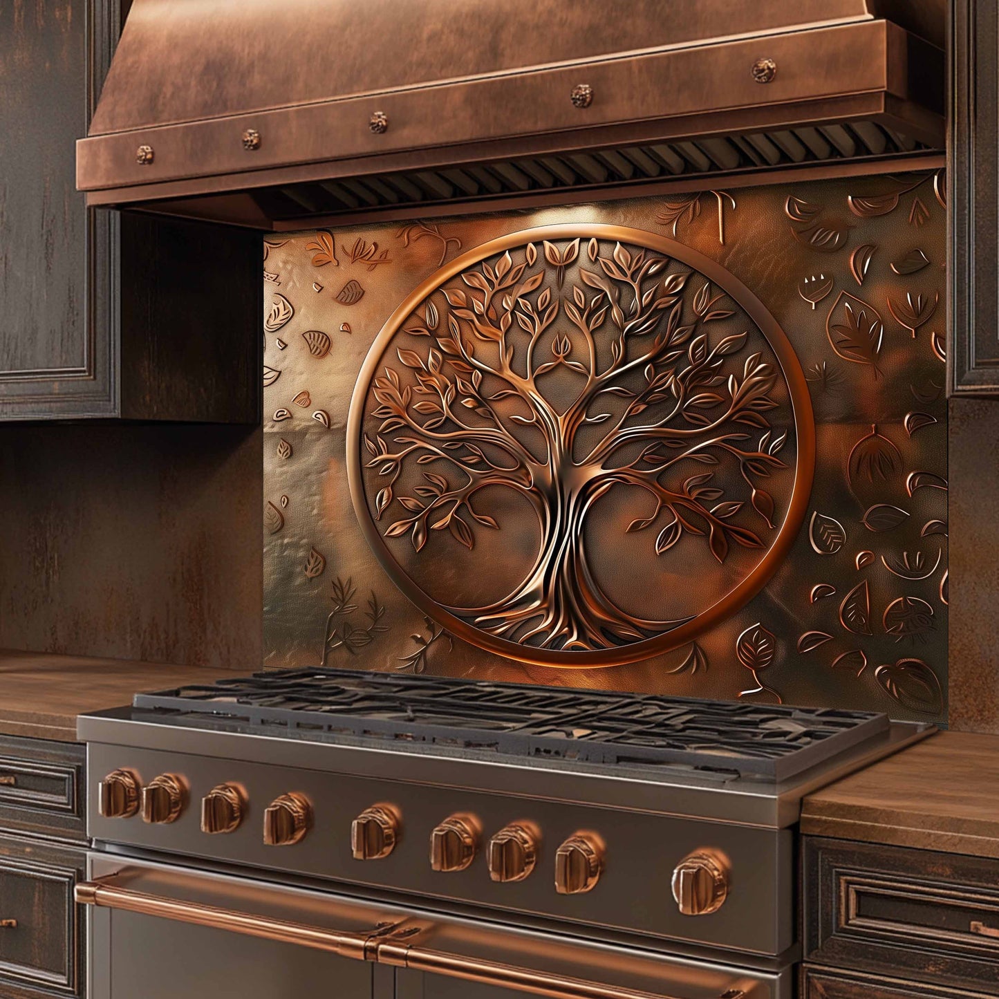 Stainless steel stove with copper accents and a decorative tree design on the back splash.