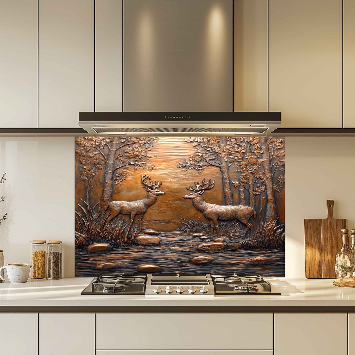 Decorative glass splashback with deer design in a kitchen setting