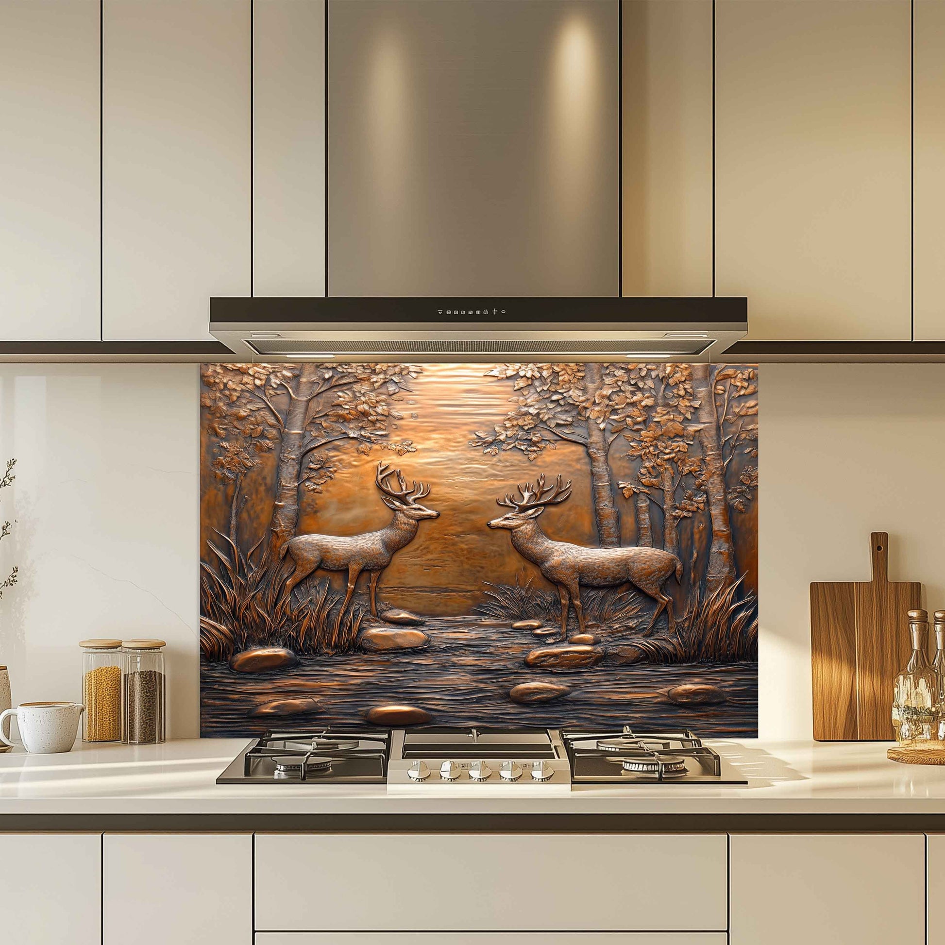 Decorative glass splashback with deer design in a kitchen setting