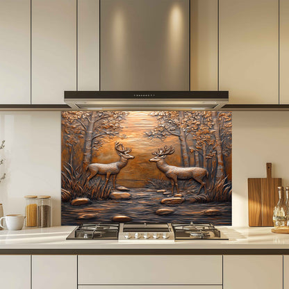 Decorative glass splashback with deer design in a kitchen setting