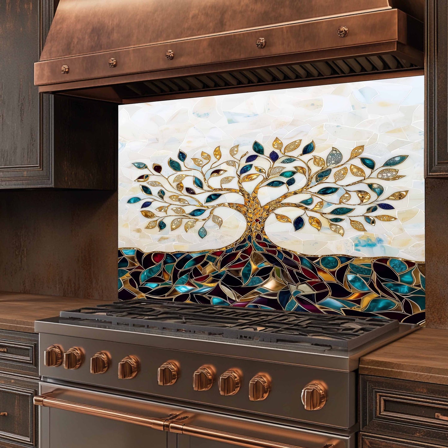 Stainless steel stove with decorative glass panel featuring a tree design in a kitchen setting.