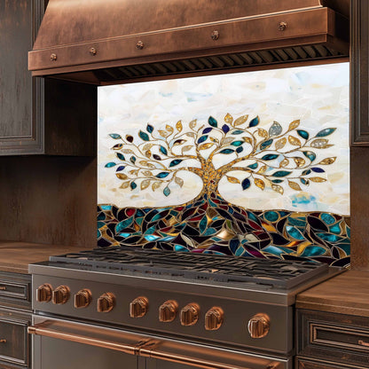 Stainless steel stove with decorative glass panel featuring a tree design in a kitchen setting.