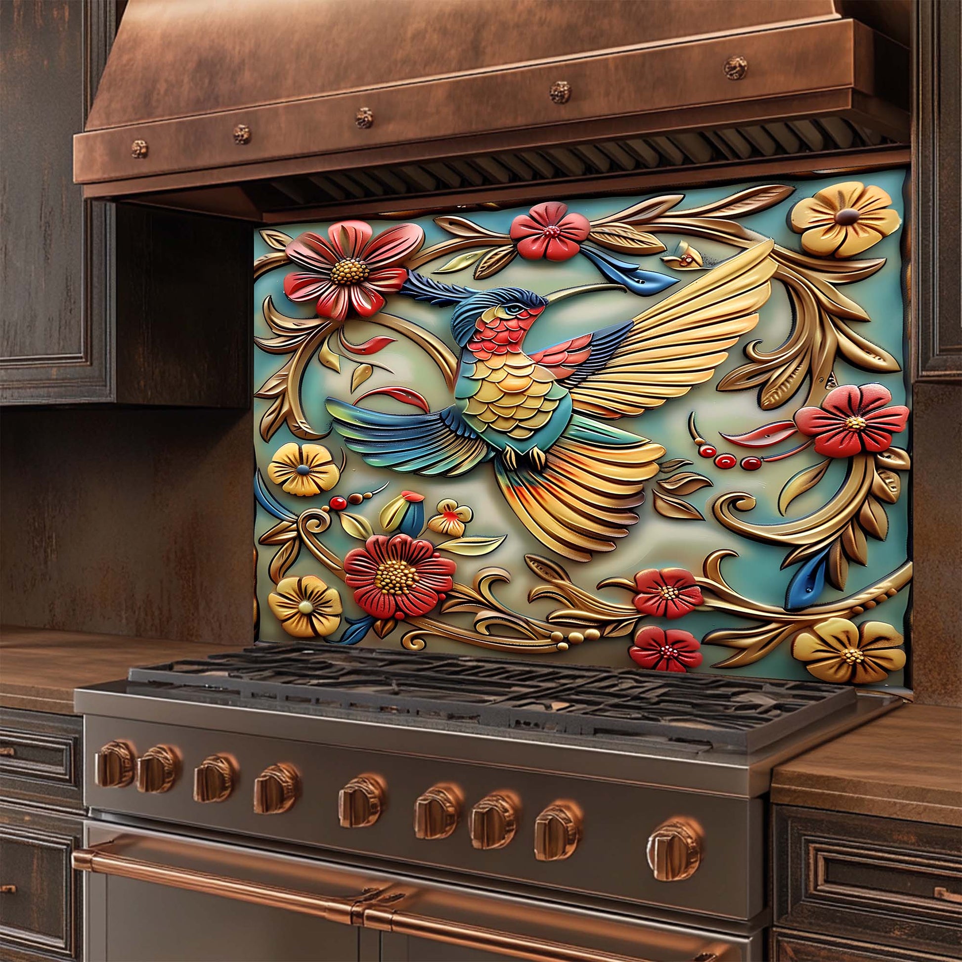 Decorative glass backsplash with a colorful bird and floral design in a kitchen setting.