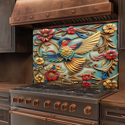 Decorative glass backsplash with a colorful bird and floral design in a kitchen setting.