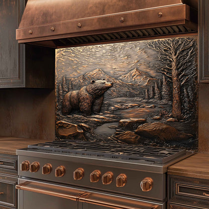 Stainless steel stove with bronze finish and bear and mountain design tempered glass backsplash