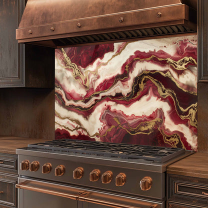 Stainless steel stove with copper accents and a marbled backsplash in a kitchen setting.