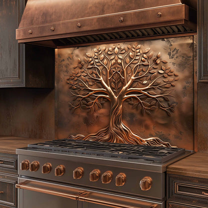 Copper stove with tree design on the back splash in a kitchen setting