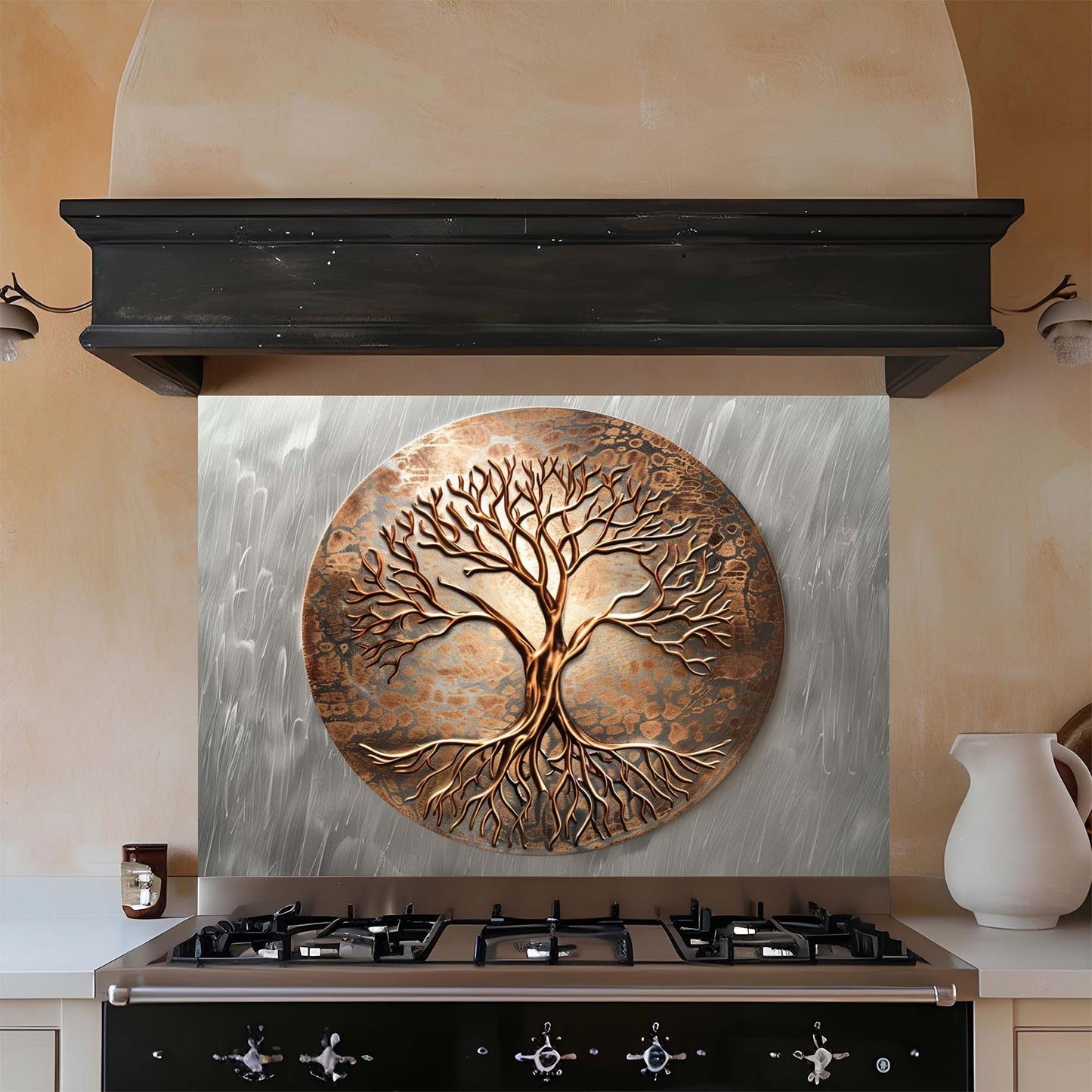 Decorative copper tree backsplash above a stove in a kitchen.