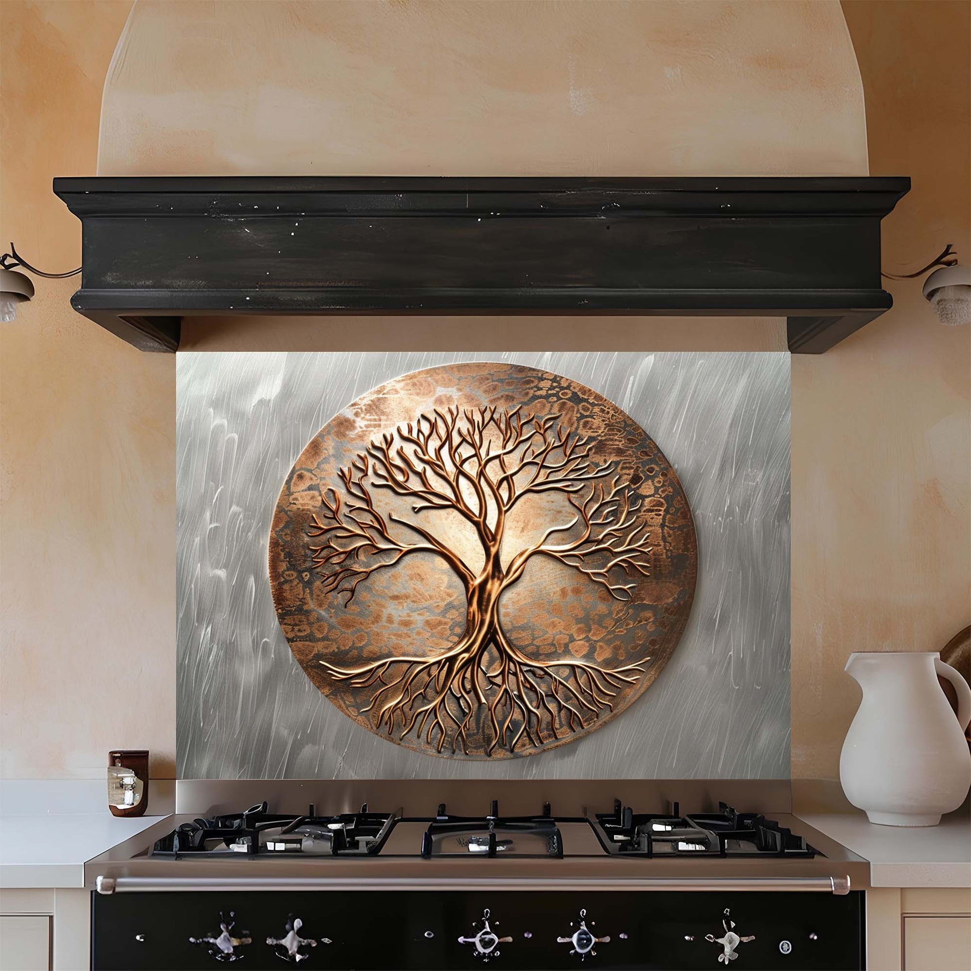 Decorative copper tree backsplash above a stove in a kitchen.