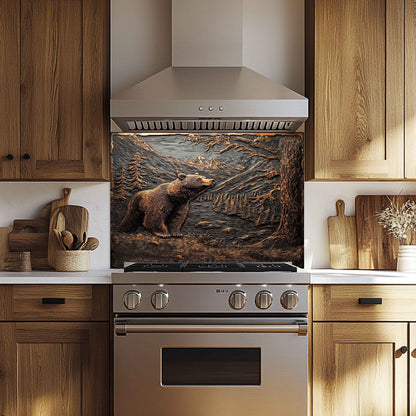 Stainless steel oven with bear backsplash in a wooden kitchen