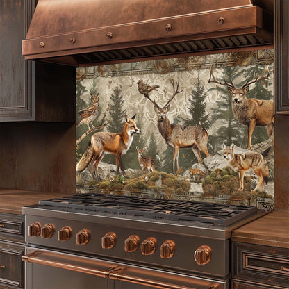 Stove with a decorative glass backsplash featuring animals in a forest setting.