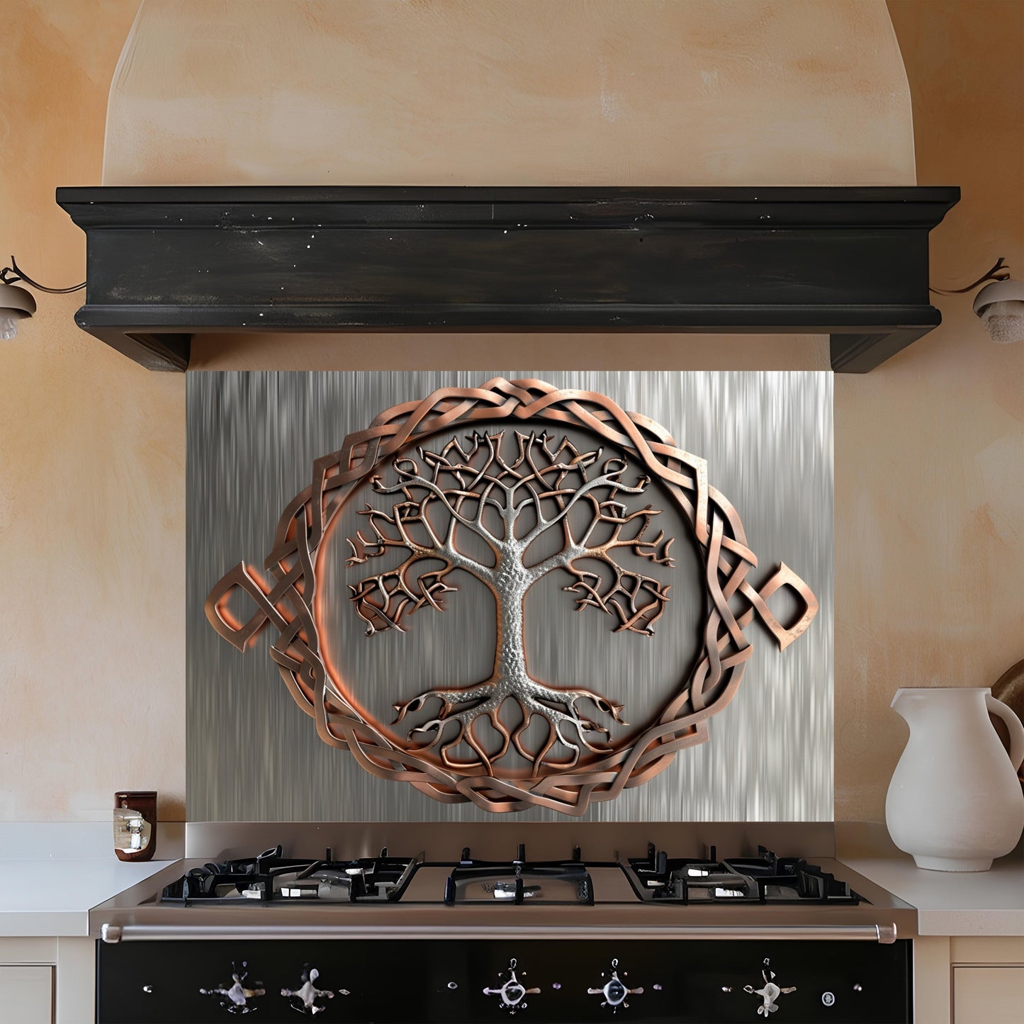 Decorative copper tree of life backsplash above a stove in a kitchen.