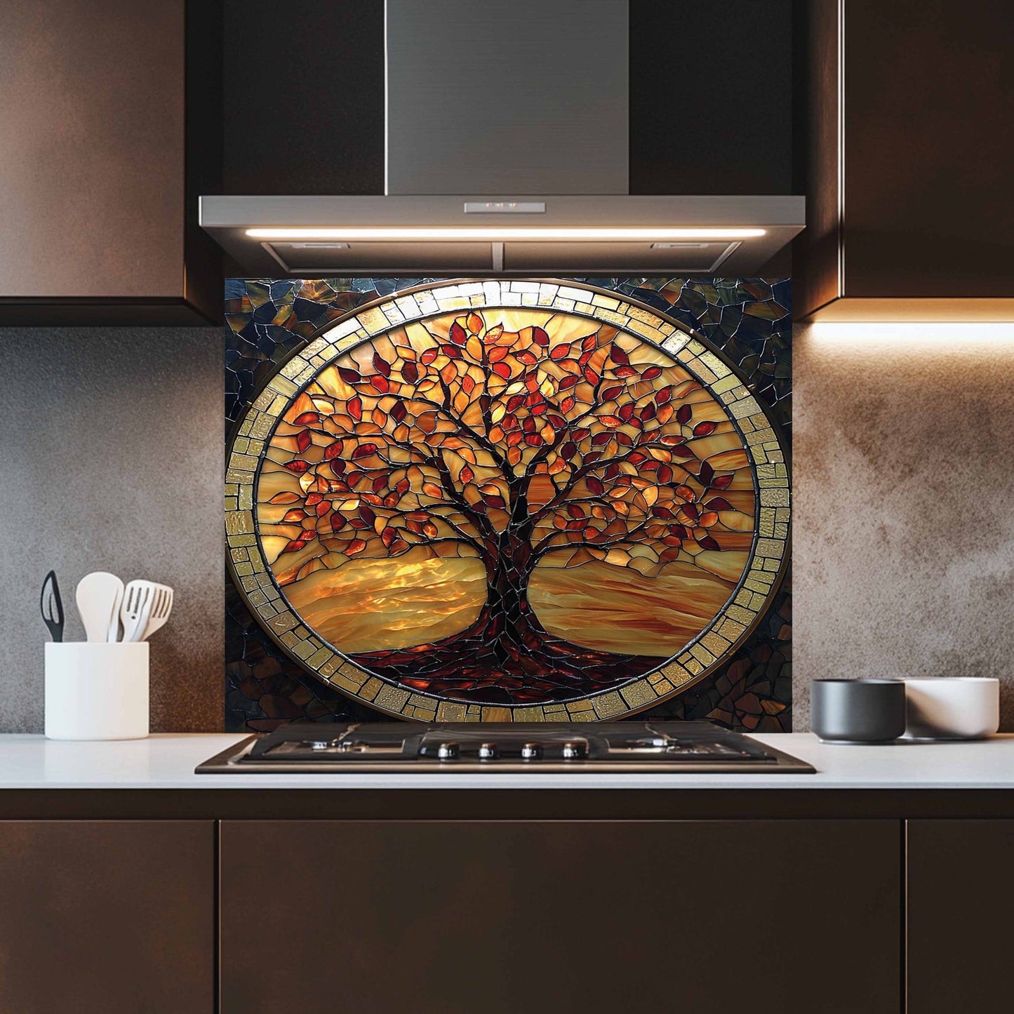 Decorative glass splashback with a tree design in a kitchen setting