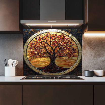 Decorative glass splashback with a tree design in a kitchen setting