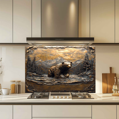 Kitchen with a bear and mountain design splashback over a stove