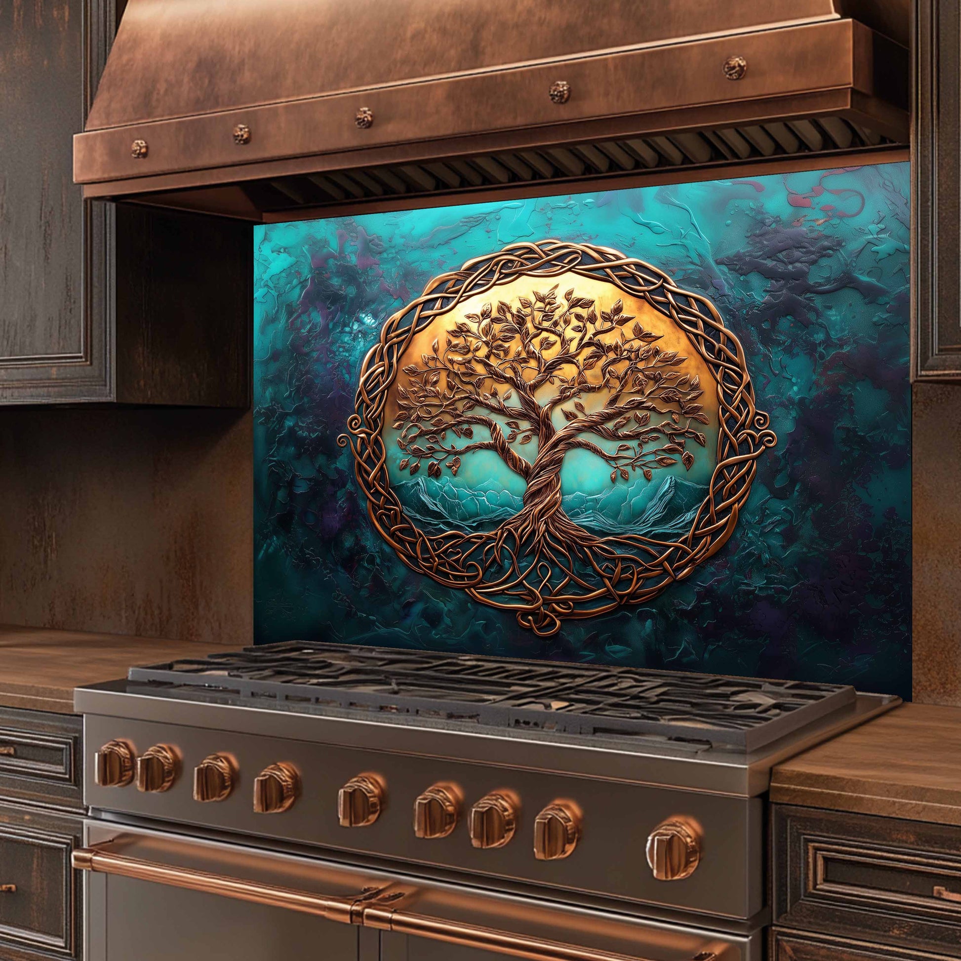 Decorative backsplash with tree of life design in a kitchen setting