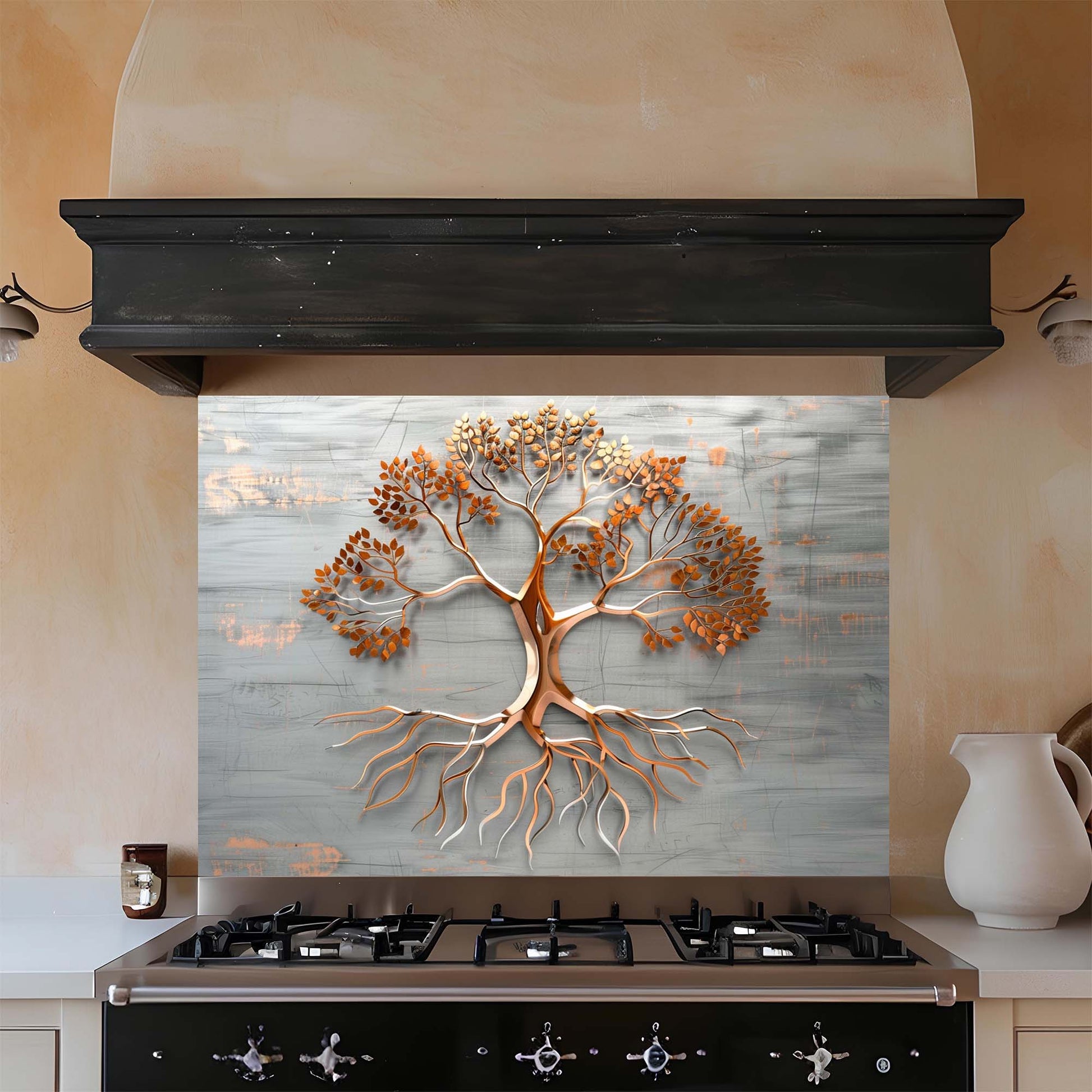 Decorative backsplash of a tree with roots on a kitchen backsplash.