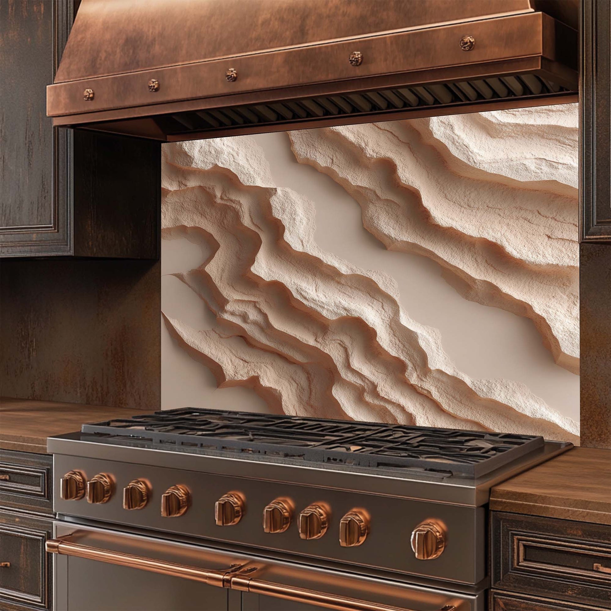 Stainless steel stove with glass backsplash in a kitchen setting