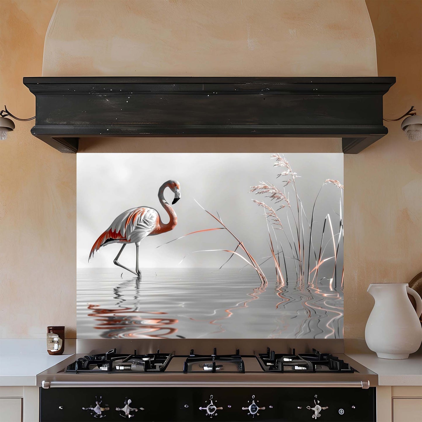 Kitchen with a decorative glass backsplash featuring a flamingo design.