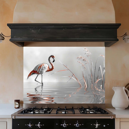 Kitchen with a decorative glass backsplash featuring a flamingo design.