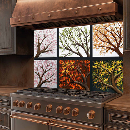 Stainless steel stove with copper accents and a decorative backsplash of trees.