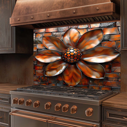 Stainless steel stove with decorative floral glass backsplash in a kitchen setting