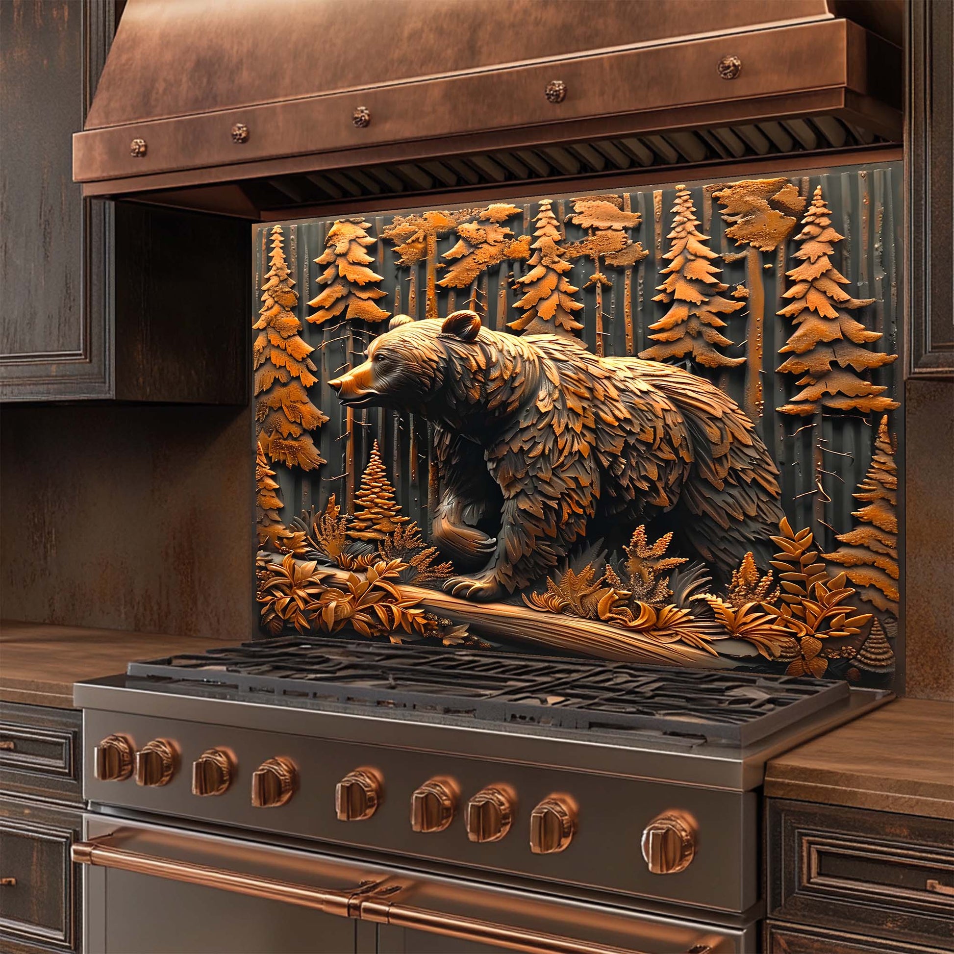 Stove with decorative glass backsplash featuring a bear and forest design