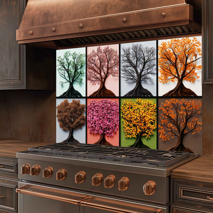 Stainless steel stove with copper accents and decorative glass splashback featuring trees in different seasons.