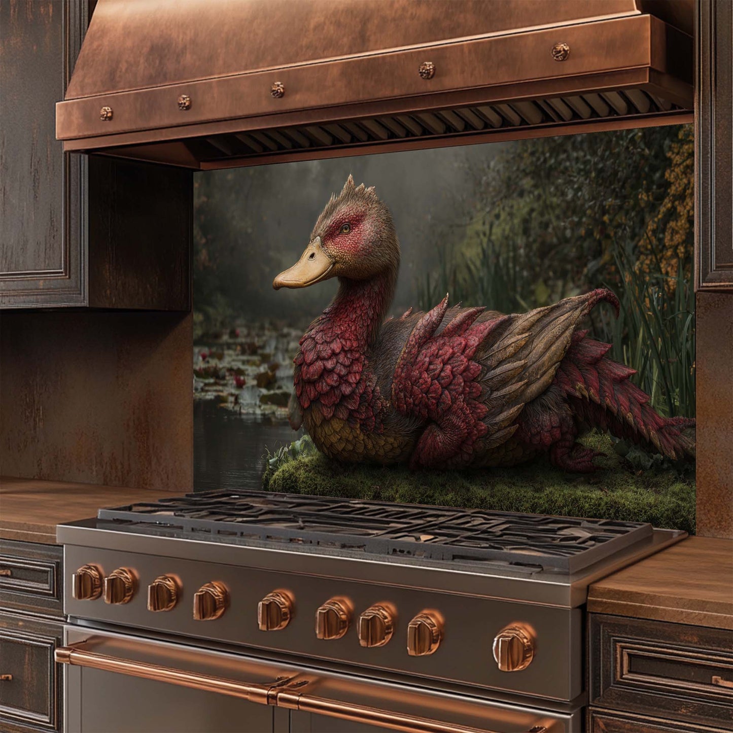 Stainless steel stove with copper accents and a decorative duck glass backsplash on the wall.