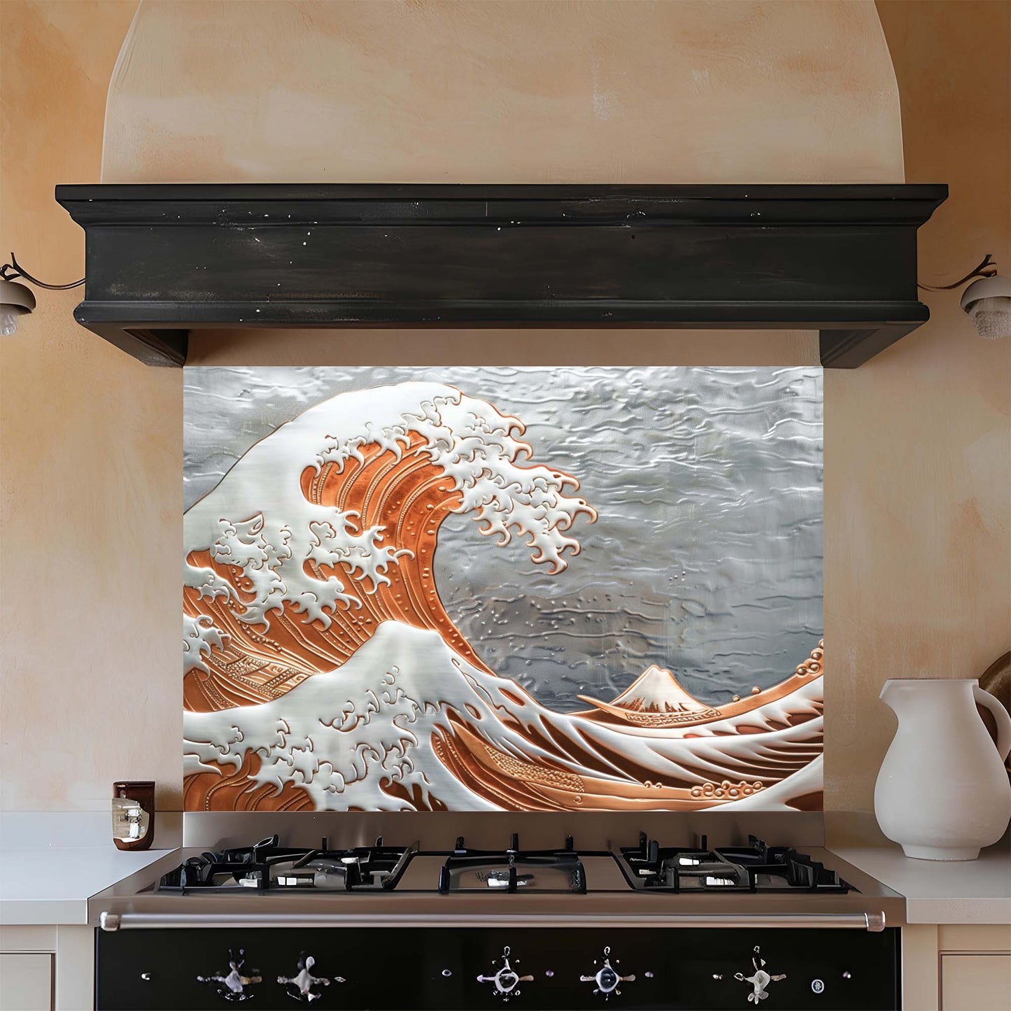 Kitchen with a decorative wave design on a backsplash above a stove.