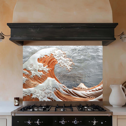 Kitchen with a decorative wave design on a backsplash above a stove.