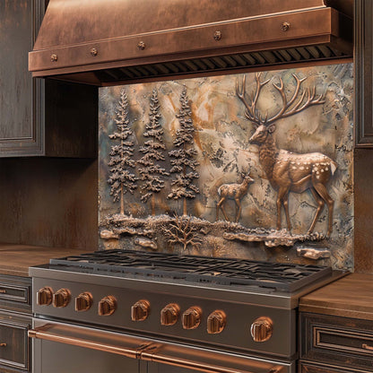 Stainless steel stove with copper accents and a decorative glass backsplash featuring deer and trees.