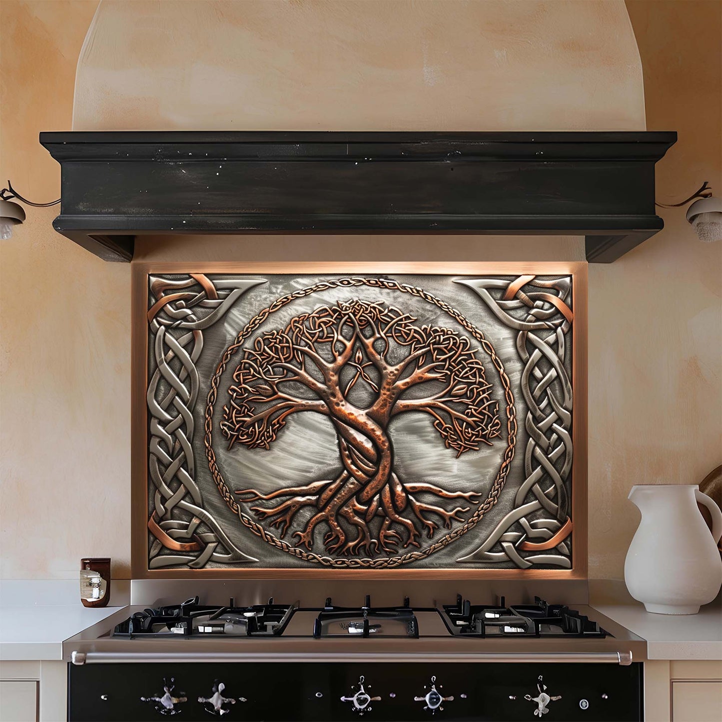 Decorative glass backsplash with tree design above a stove in a kitchen setting.