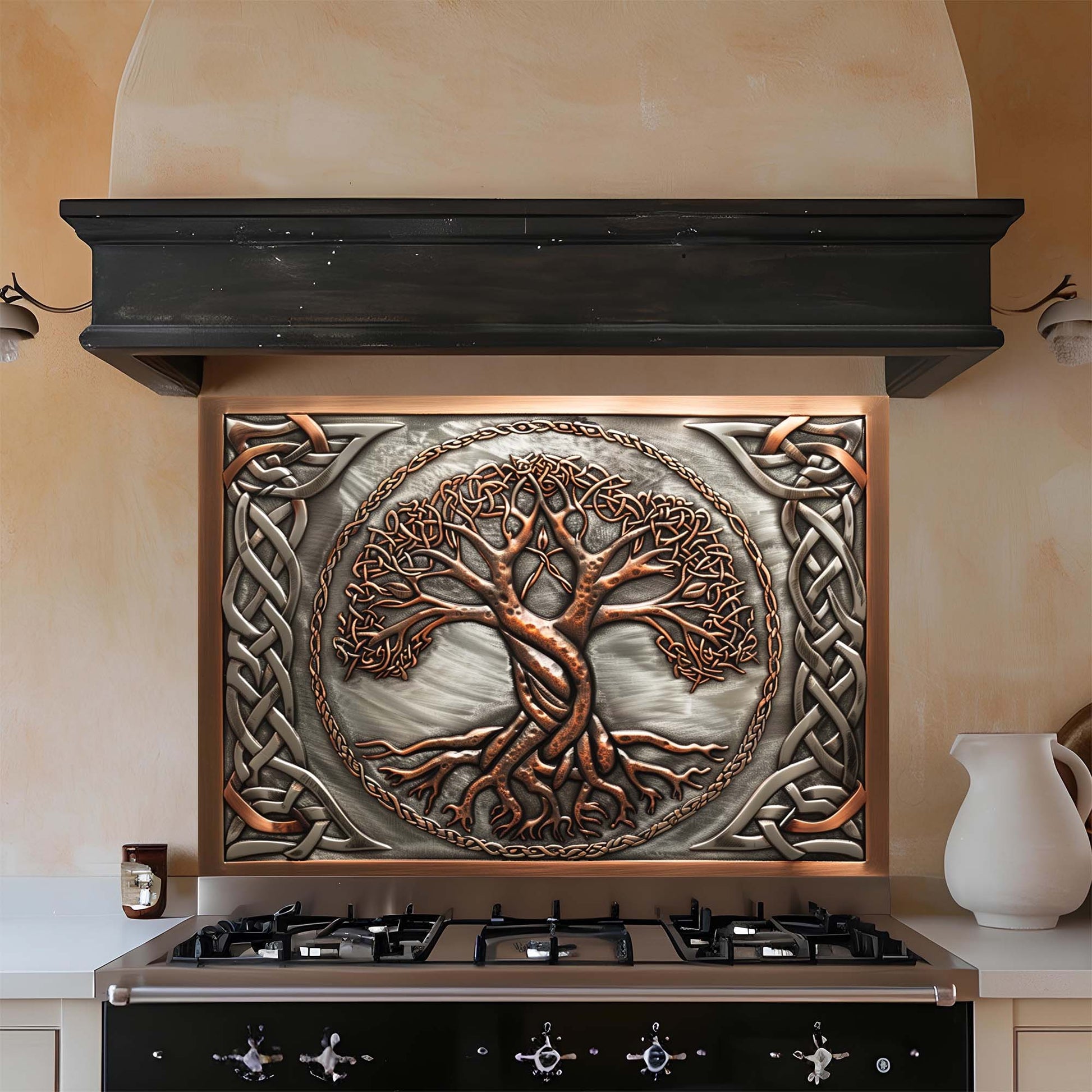 Decorative glass backsplash with tree design above a stove in a kitchen setting.