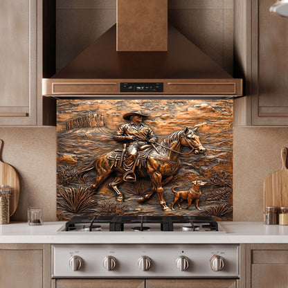 Decorative backsplash with a cowboy and horse design above a stove in a kitchen.