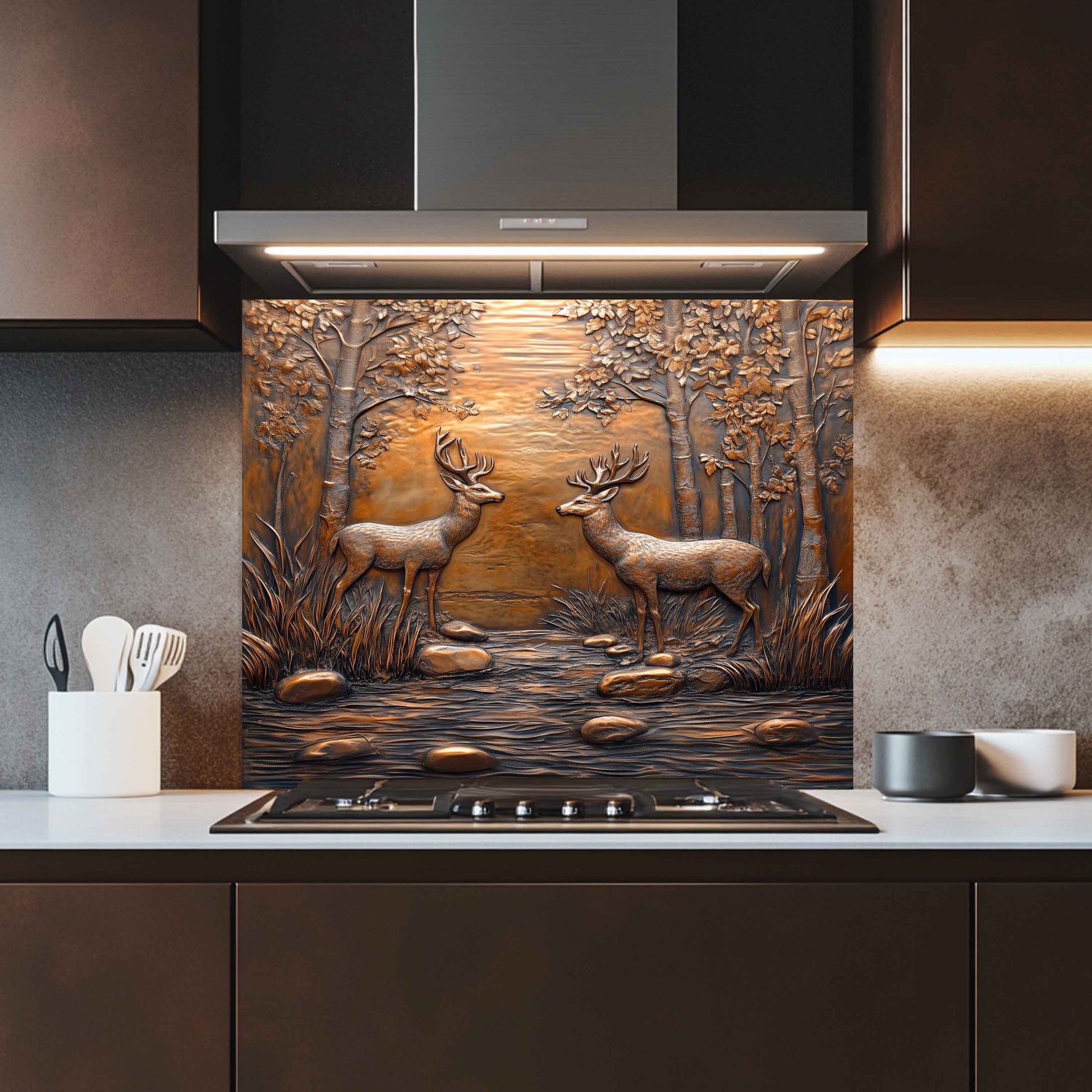 Decorative glass splashback with deer design in a kitchen setting