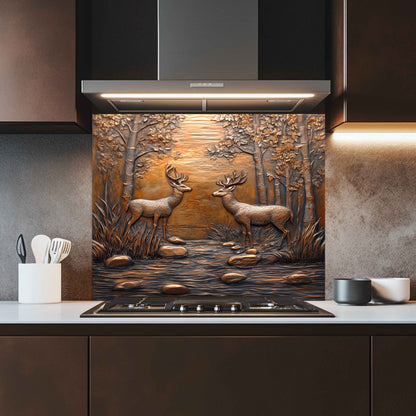 Decorative glass splashback with deer design in a kitchen setting