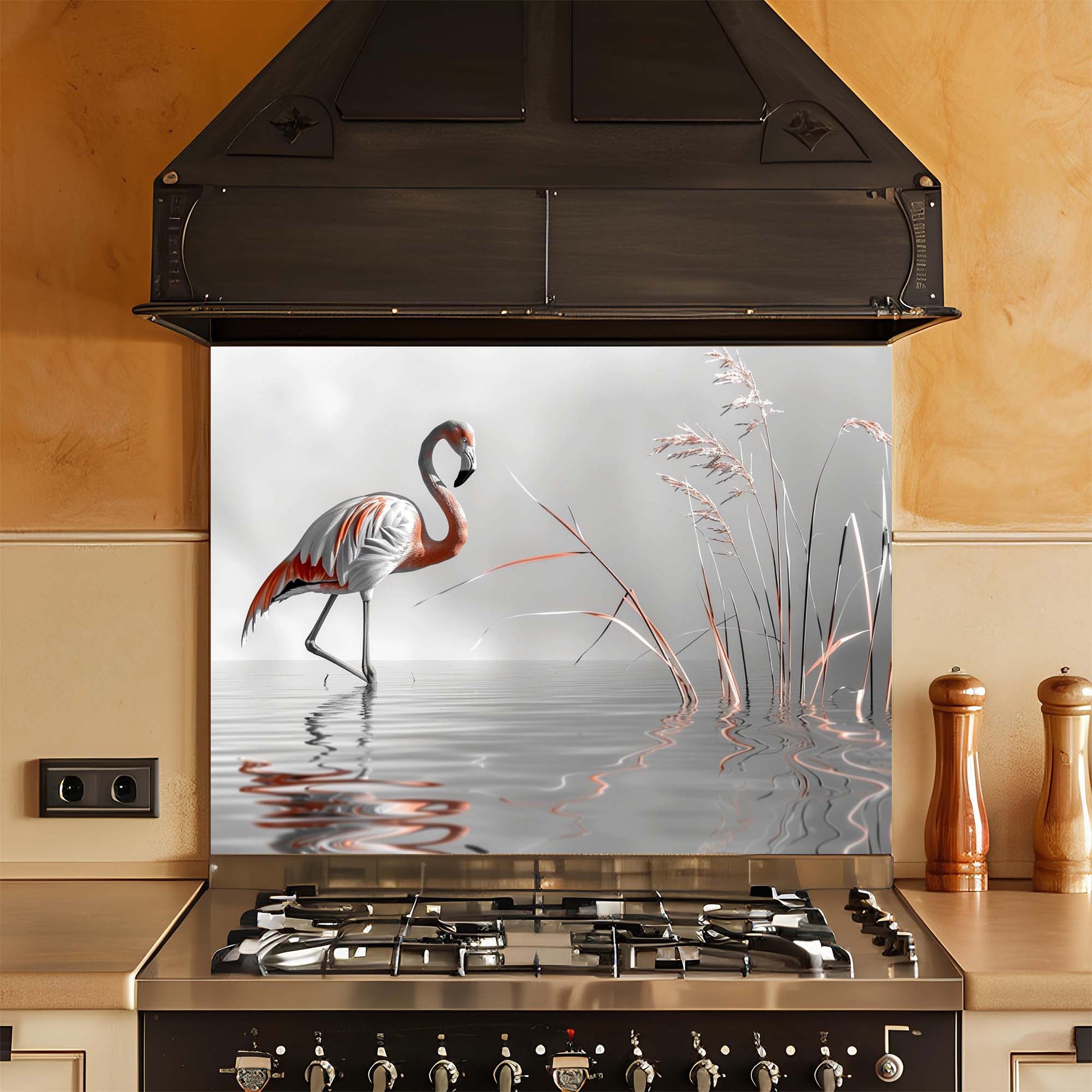 Kitchen stove with a decorative glass splashback featuring a flamingo design.