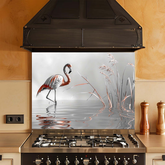 Kitchen stove with a decorative glass splashback featuring a flamingo design.