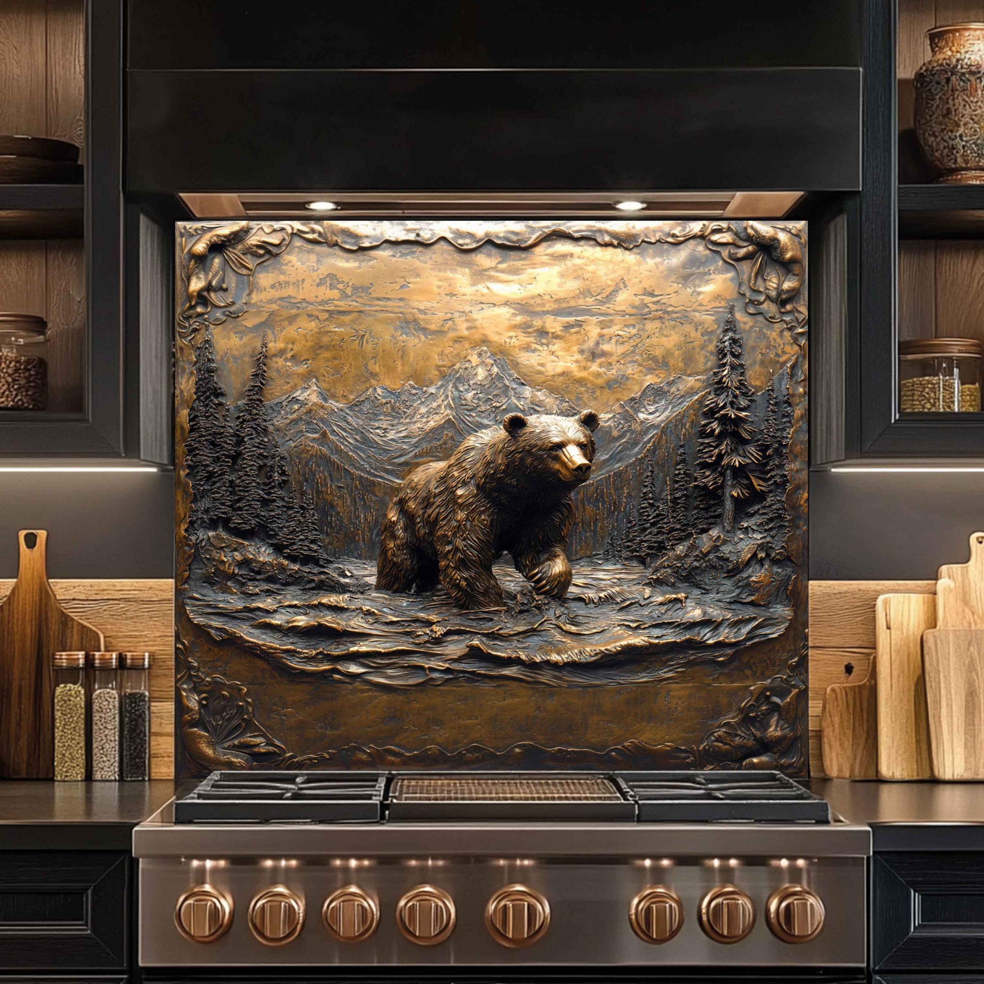 Tempered glass backsplash with a bear scene on a kitchen stove