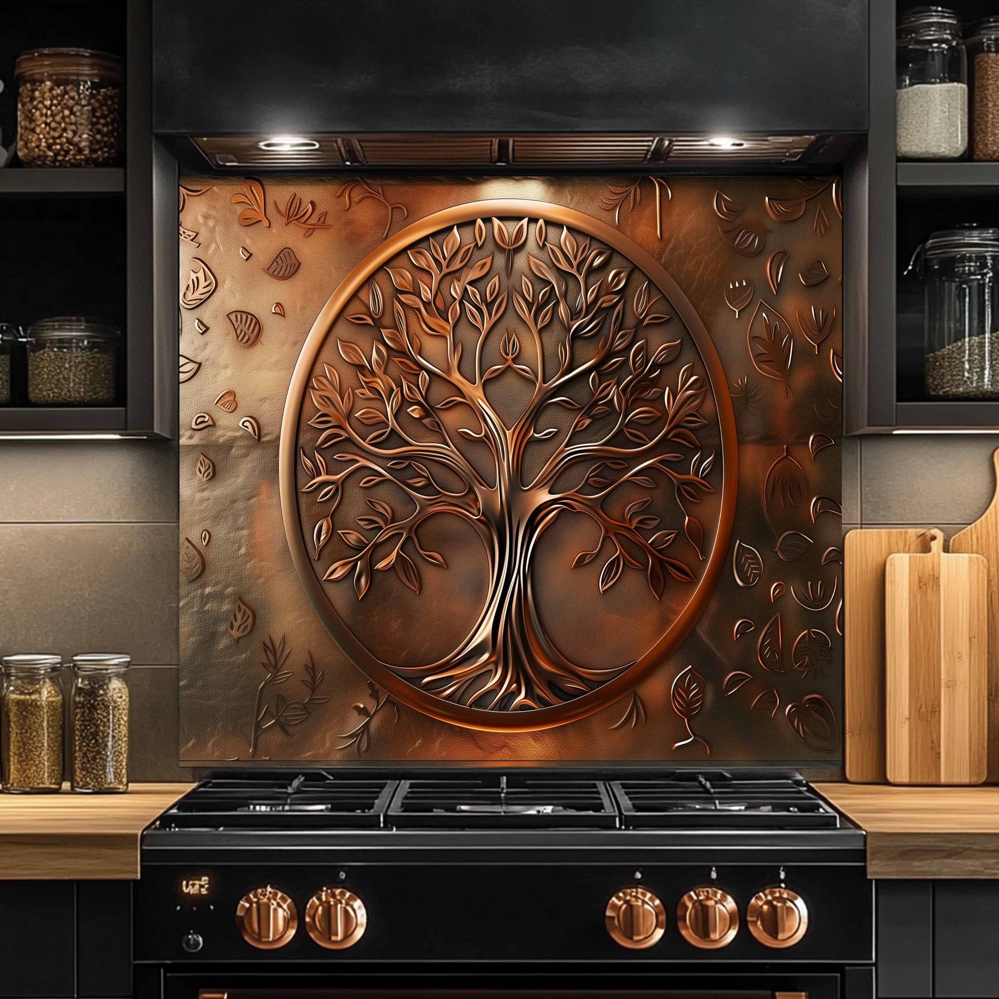 Decorative copper tree of life design on a kitchen backsplash with black stove.