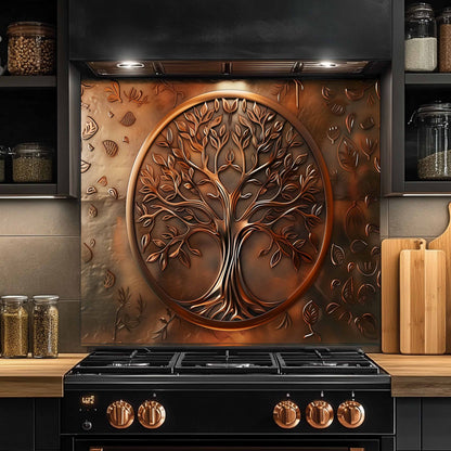 Decorative copper tree of life design on a kitchen backsplash with black stove.