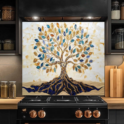 Decorative glass splashback with a tree design in a kitchen setting