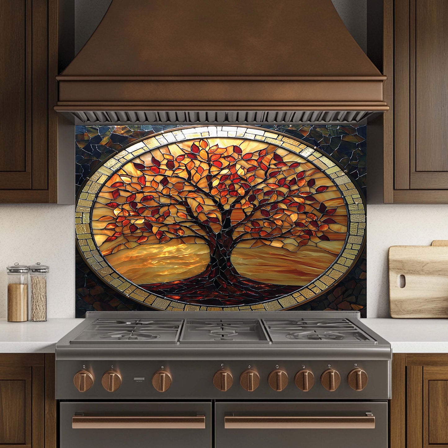 Decorative tempered glass backsplash above a stove in a kitchen.