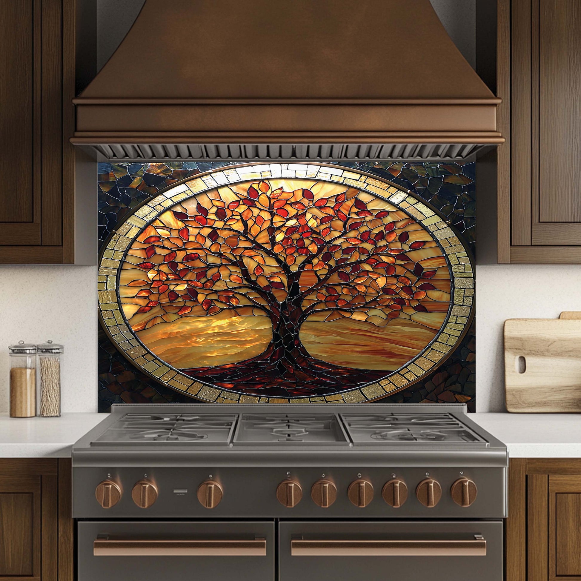 Decorative tempered glass backsplash above a stove in a kitchen.