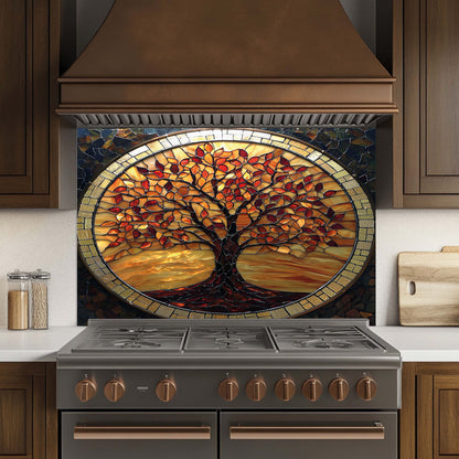 Decorative tempered glass backsplash above a stove in a kitchen.