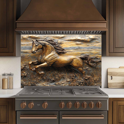 Stainless steel stove with a decorative backsplash featuring a horse running, set against a kitchen backdrop.