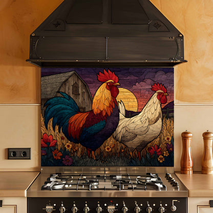 Decorative glass splashback with rooster and hen design above a stove in a kitchen.